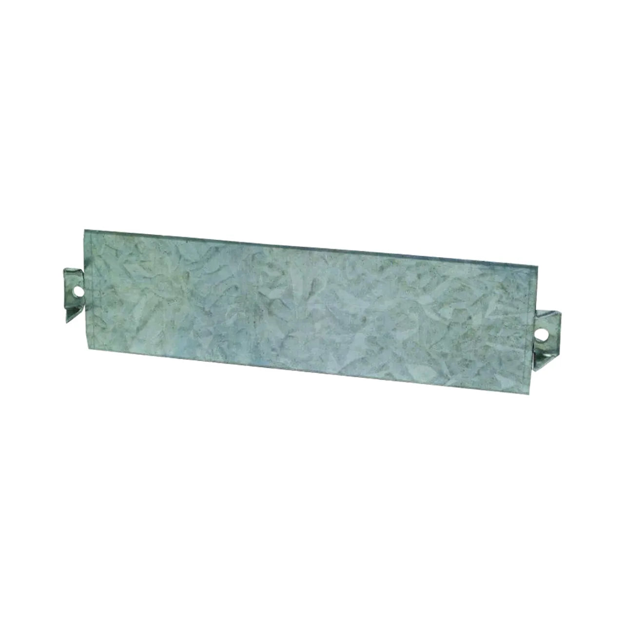 The Simpson Strong-Tie NS 1-1/2 in. x 6 in. 14-Gauge Nail Stop by Go Build, The Fastest Way To Build, is rectangular and made of galvanized steel with two holes on each side for mounting and a textured pattern offering a mottled look.